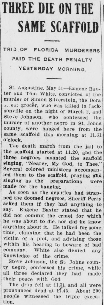 Brunswick News report of the 1912 triple hanging at St. Augustine