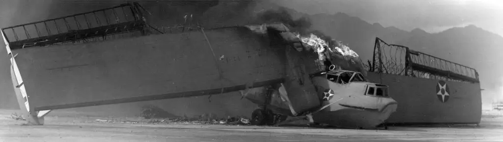 Burning PBY Catalina flying boat at Naval Air Station Kaneohe Bay on December 7, 1941