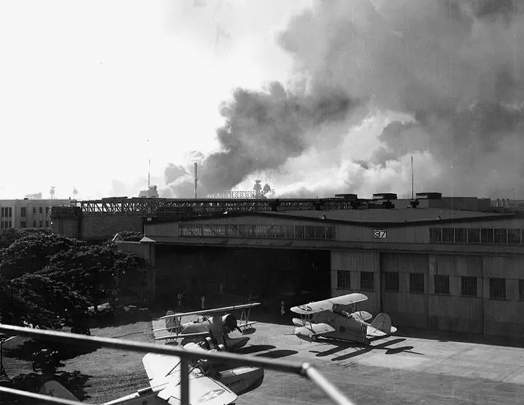 Hangar 37 at Ford Island Naval Air Station during the Pearl Harbor attack