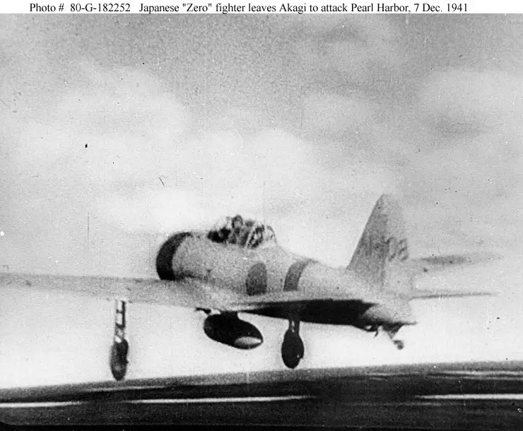 Mitsubishi A6M2 Zero fighter taking off from the carrier Akagi for the Pearl Harbor attack
