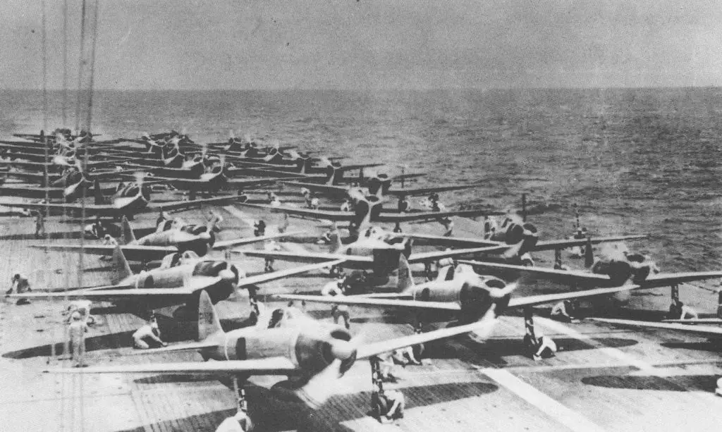 Japanese aircraft preparing to launch from Shokaku for the first wave of the Pearl Harbor attack