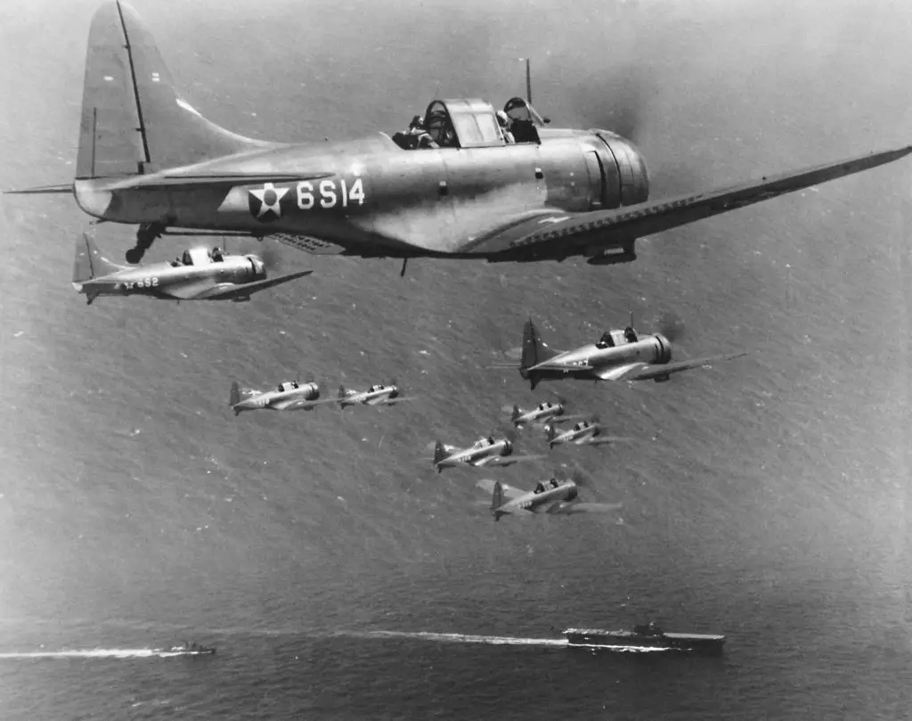 SBD-2 Dauntless dive bombers of Scouting Squadron 6 over USS Enterprise in 1941