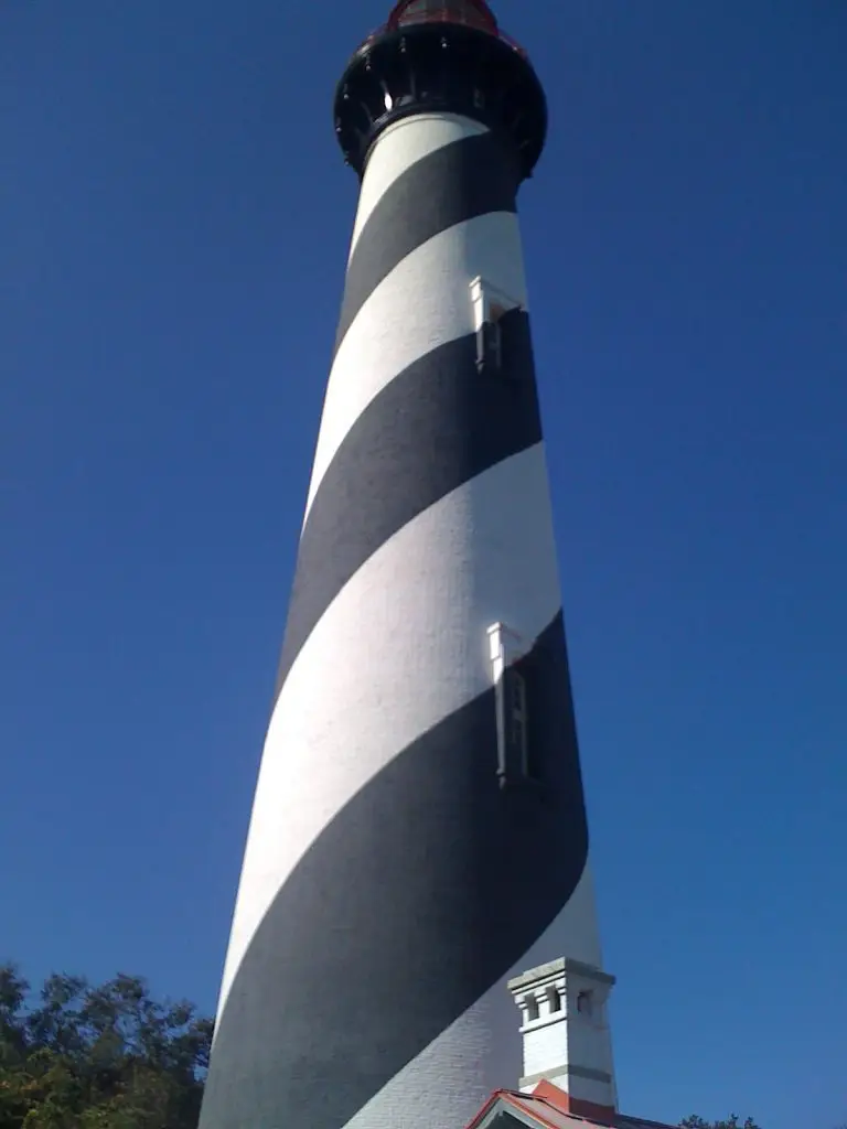 St. Augustine Lighthouse black and white spiral tower against a blue sky