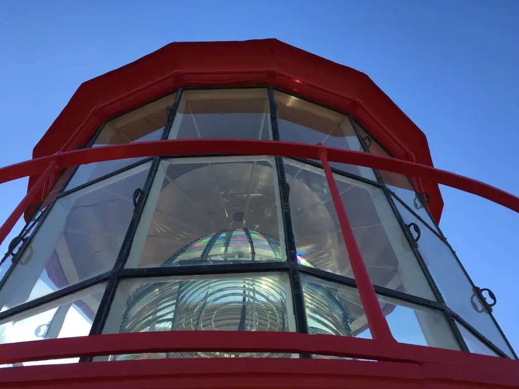 The first-order Fresnel lens inside the lantern room of the St. Augustine Lighthouse