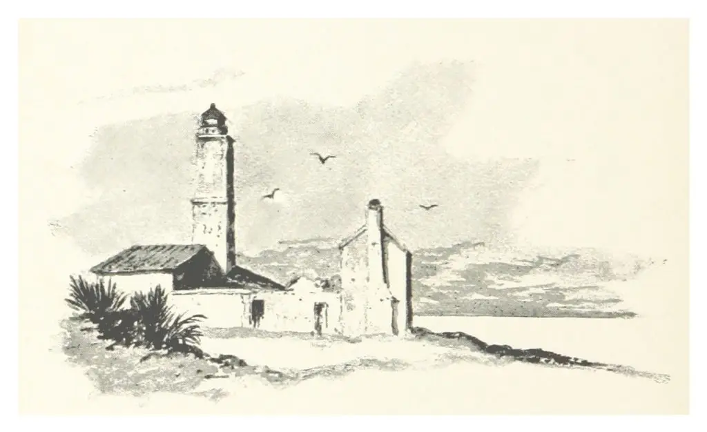 1889 engraving of the old coquina lighthouse tower at St. Augustine before it fell into the sea