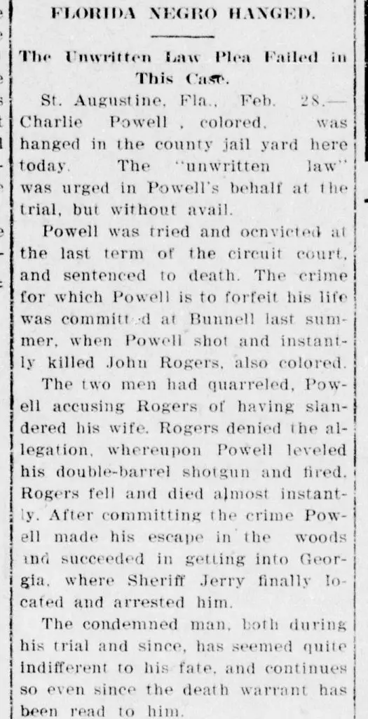1908 newspaper report that Charlie Powell was hanged in the St. Augustine county jail yard