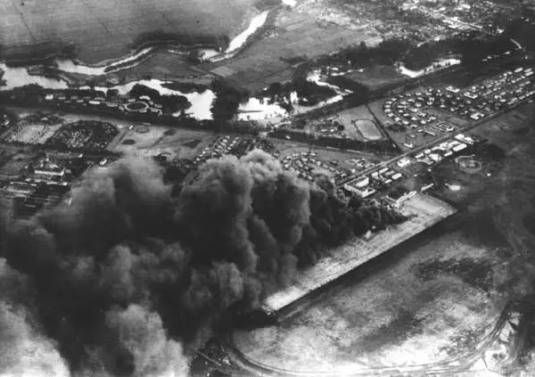 Wheeler Field and Schofield Barracks under attack on December 7, 1941, photographed from a Japanese aircraft