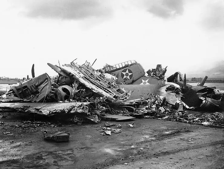 Destroyed Curtiss P-40 fighters at Wheeler Field after the Pearl Harbor attack